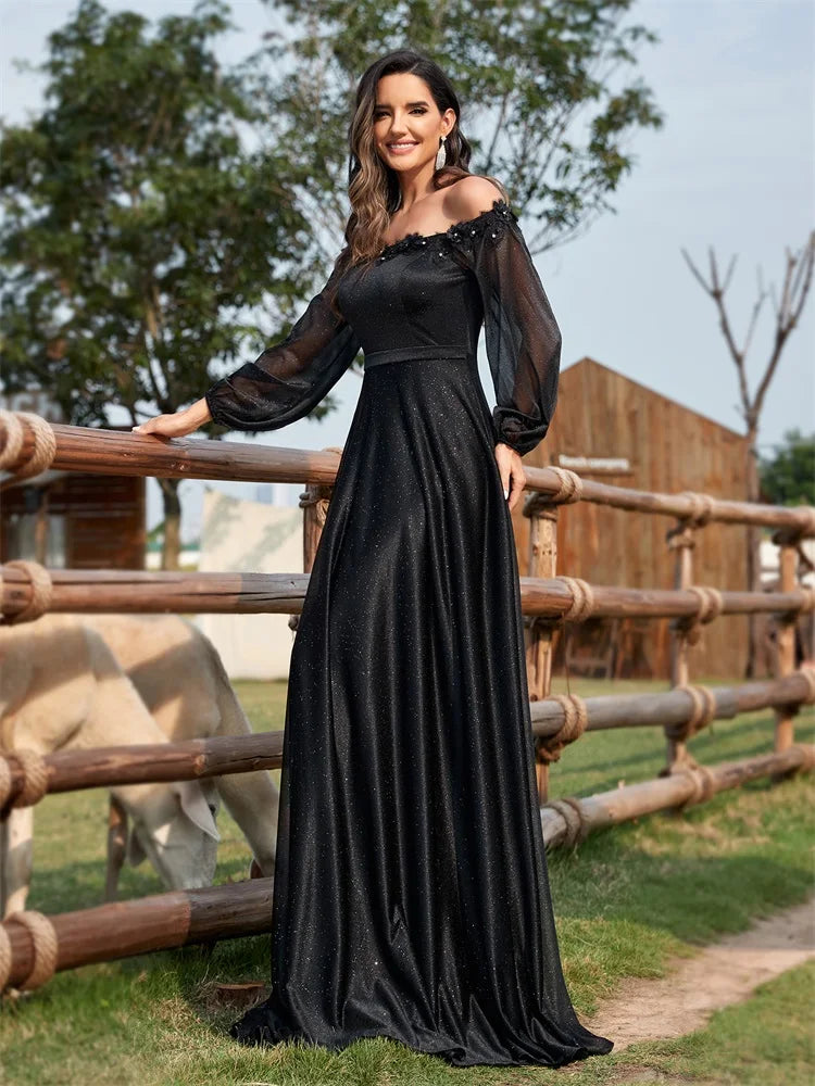 Luxury Long Sleeves Off-shoulder Formal Evening Dress 2024