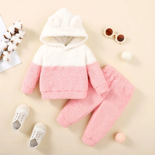 0-2 Years Newborn Baby Girl Fluff Hooded  Set Long Sleeve Hoodie 2pcs